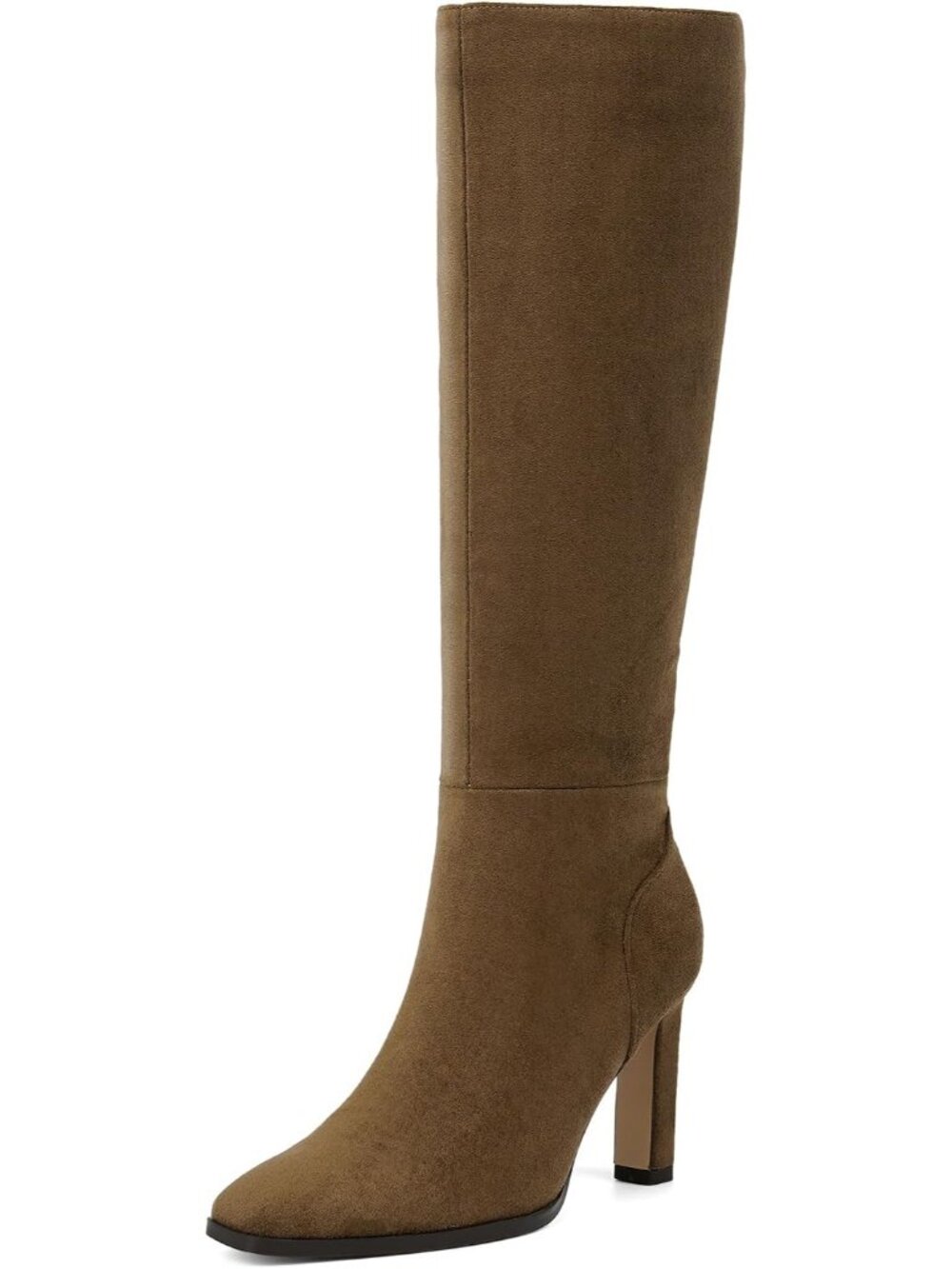 Women's Olive Brown High Boots High Chunky Heel Tall Boots Pointed Square Toe